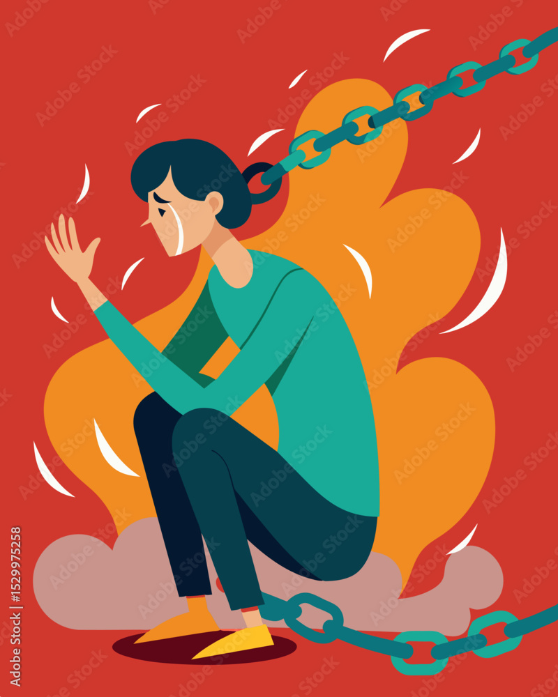 Poster an endless loop of stress chains engulfing a person rendering them immobile and gasping for air.. ve