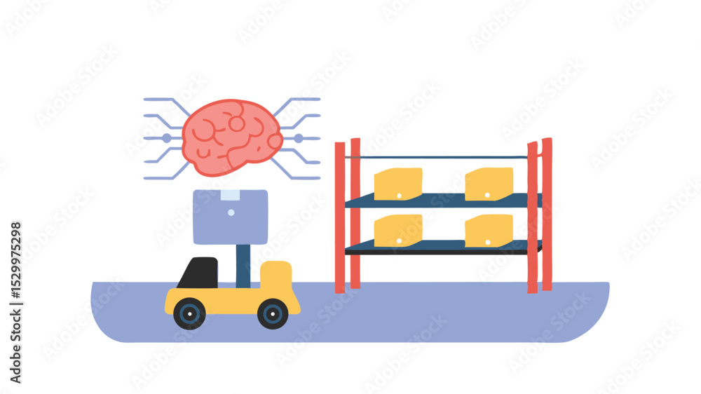 Poster illustration of a brain above a forklift with a box and a shelf with boxes in a warehouse setting