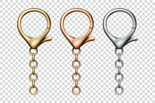 Vector 3d Realistic Lobster Clasp Keychain Set with Chain. Gold, Bronze and Silver Keychain Hook for Jewelry Making, DIY Craft, Bag Accessories, Key Holder Clip, Purse Hardware, Accessory Design