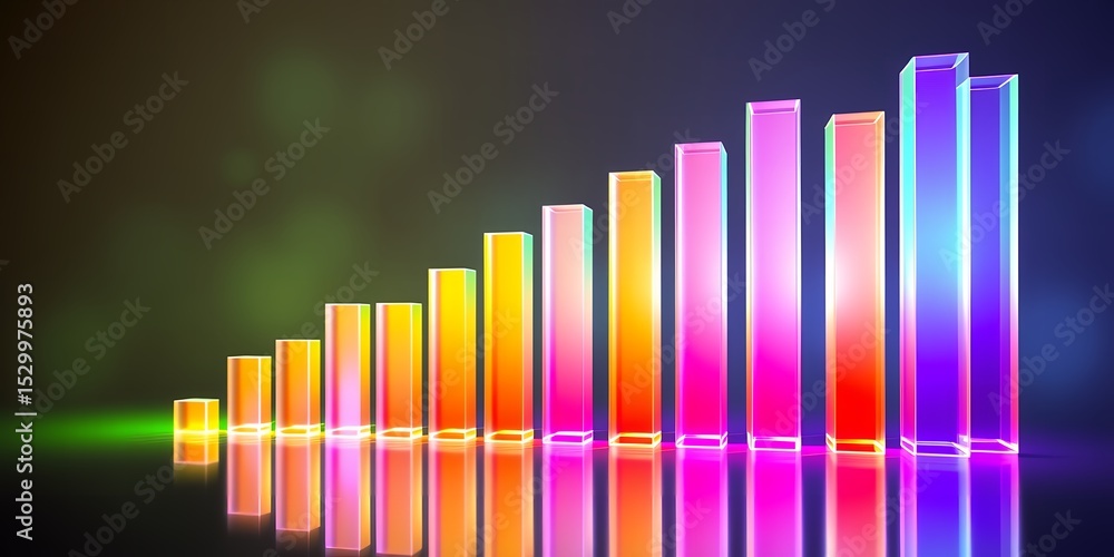 Poster a vibrant bar graph with ascending columns reflecting on a glossy surface against dark backdrop