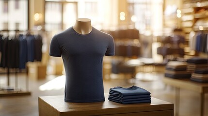 Dark-blue t-shirt displayed on a mannequin in a clothing store.