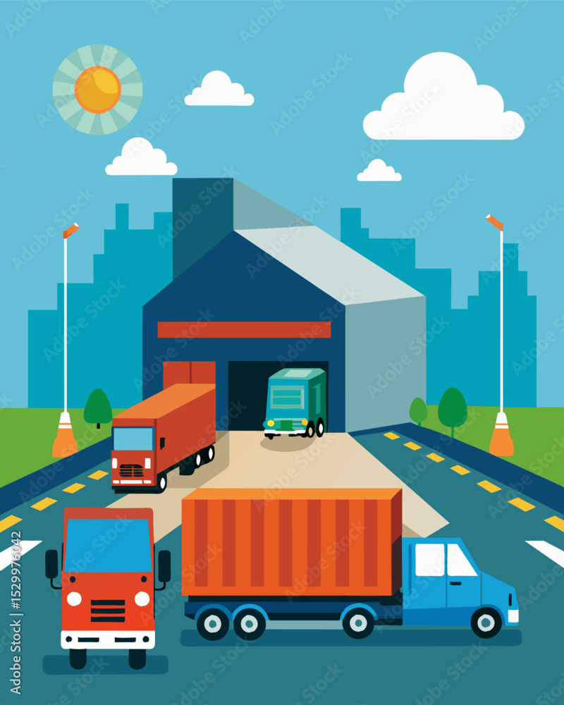 Poster a bustling loading dock with trucks coming and going delivering and picking up materials for recycli