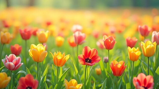 Colorful flower beds with green grass, perfect for spring or summer themes.