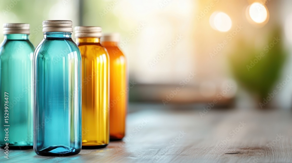 Poster a row of colorful glass bottles captures the sunlight, creating a beautiful display of colors and re