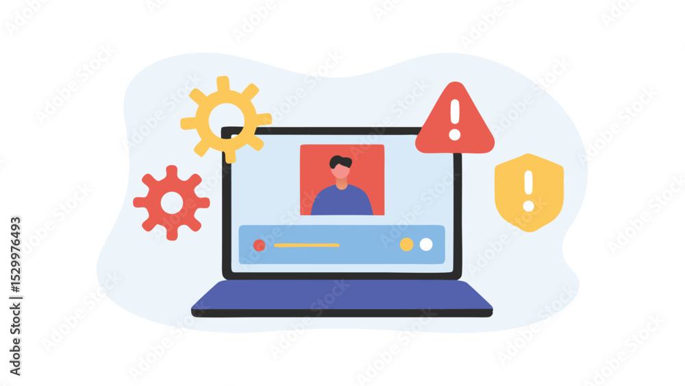 Poster laptop displaying video with settings gears, security shield and an alert warning sign shown around 