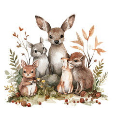 watercolor vector of Forest Animals Emerging Hibernation, isolated on a white background.