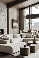 Open living area in a rustic cabin with stone fireplace, wood paneling, modern touches, cozy textiles, and a comfortable sofa facing the hearth