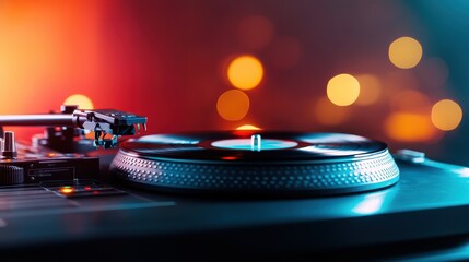 An artistic close-up of a vinyl record on a turntable, illuminated by beautiful bokeh lights, creating a nostalgic atmosphere perfect for music lovers.