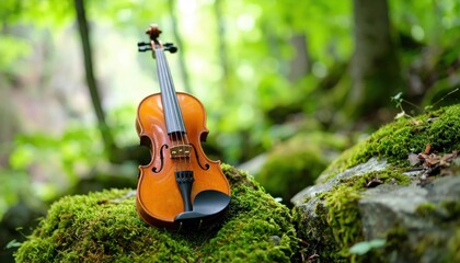 Lone Violin Emerges from Mossy Stone Surrounded by Lush Greenery