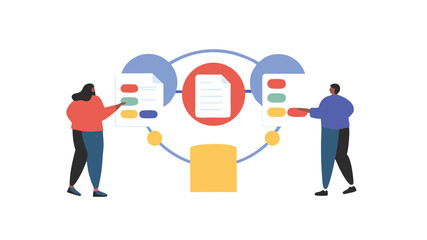 Two people interacting with digital documents in a connected network illustration design concept