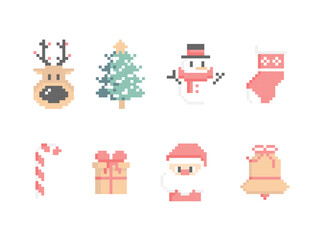 collection set of pixel art merry christmas and happy new year, flat vector illustration cartoon character costume design