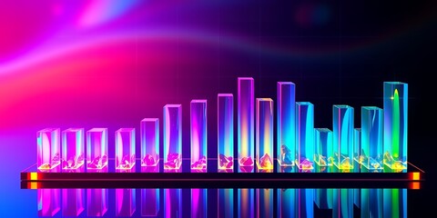 Obraz premium A vibrant display of translucent bar graph with glowing shards against a colorful backdrop