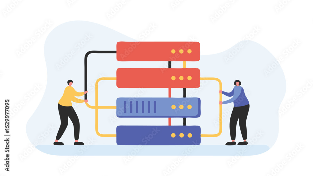 Poster illustration of two people connecting server racks with cables in a data center environment setup