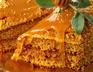 Honey-glazed caramel cake slice, drizzled with honey