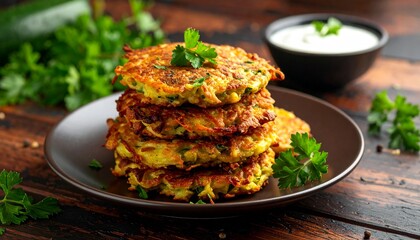 A Plate of Delicious Zucchini  Fritters on a Wooden Table
