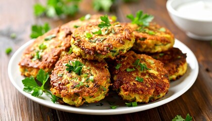 A Plate of Delicious Zucchini Fritters on a Wooden Table