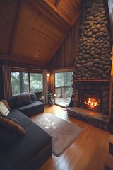 Open living area in a rustic cabin with stone fireplace, wood paneling, modern touches, cozy textiles, and a comfortable sofa facing the hearth