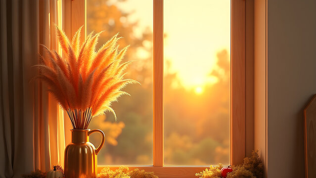 Sunlit Autumnal Still Life with Pampas Grass and Wooden Frame