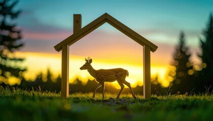 Glowing Deer Walks Through House Turned Inside Out at Sunset
