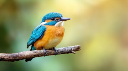 Fototapeta premium A vibrant kingfisher rests on a natural branch, showcasing its stunning plumage against a soft background, emphasizing the beauty of nature and wildlife photography.