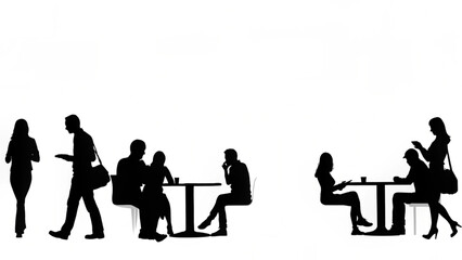 Silhouettes of people at tables and walking in an outdoor cafe setting against a white background scene created with generated ai
