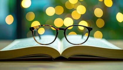 Spectacles Resting on Open Novel with Soft Bokeh Background