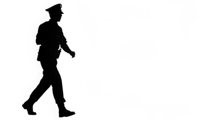 Silhouette of a police officer in uniform walking against a plain white background in a side profile view created with generated ai