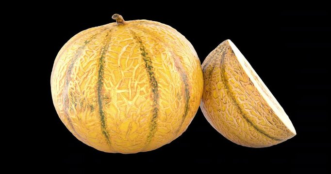Cantaloupe melon, whole and half, rotation animation, seamlessly loopable. 3D rendering isolated on transparent background