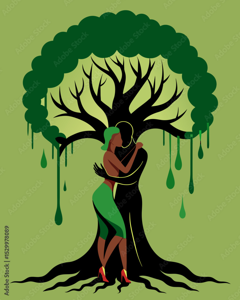 Poster a tree with twisted gnarled branches enveloping a couple in a hug the leaves and bark dripping with 