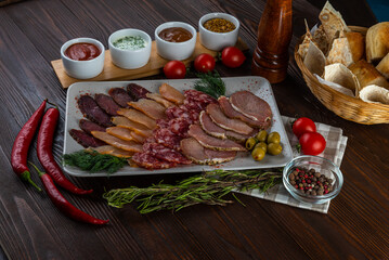 Meat set on wooden background