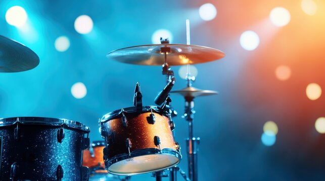 A stunning close-up shot of a vibrant drum set illuminated by colorful stage lights, capturing the energy and excitement of live music performances and drumming.