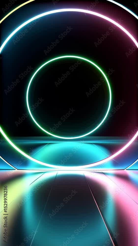 Poster glowing circles of neon light casting colorful reflections on a reflective surface against a dark ba