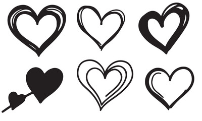 Hand-drawn Hearts Collection: Six unique hand-drawn hearts showcase a range of styles, from simple outlines to filled forms, embodying love, affection, and emotional connection.