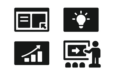 Solid Pitch Icons. Solid style icons of pitch presentations: deck layout, idea slide, point chart, presenter view. Solid style of