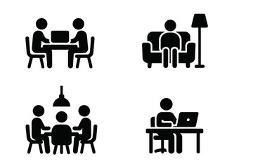 Fototapeta premium Coworking Space Icons. Solid style icons of coworking spaces: shared desk, office lounge, meeting hub, hot desk icon. Solid style