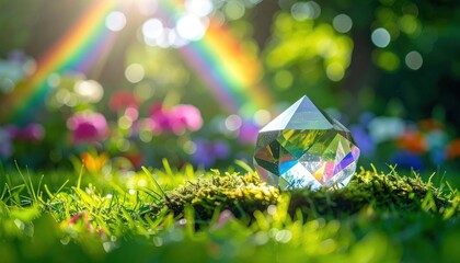 Crystal Prism on Velvet Cushion with Scattering Rainbows in Garden