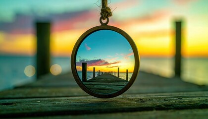 Peaceful Reflection of Sunset Over Pier in Pocket Mirror