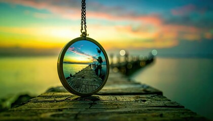 Captivating Pocket Mirror Reflecting Pastel Skies Over Serene Pier