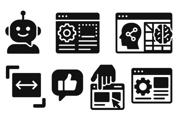 AI UX Solid Icons. Solid style icons of AI in UX design: AI assistant, smart layout, predictive UI, neural wireframe. Solid style