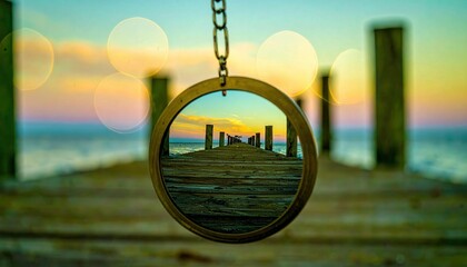 Reflection of a Pier in a Vintage Pocket Mirror at Sunset