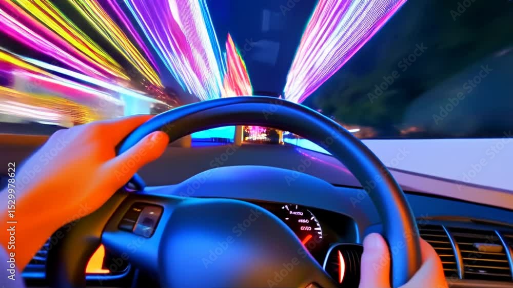 Poster driver hands gripping steering wheel with dynamic colorful light trails showing motion and velocity 