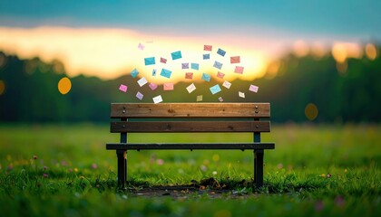 Floating Letters Above a Bench in a Serene Outdoor Landscape