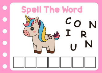 spell the word of cute unicorn  . cute little unicorn with letter of u