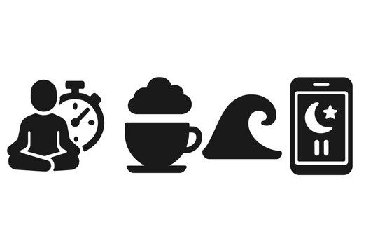 Mindful Break Icons. Solid style icons of mindful break reminders: serenity icon with timer, cup and cloud symbol, gentle break
