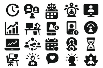Hybrid Work Balance Icons. Solid style icons of hybrid work life balance: flexible working hours, remote team chat, balanced