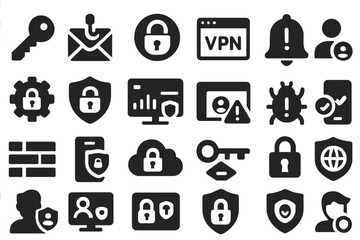 Cybersecurity Icons Collection. Solid style icons of cybersecurity awareness tools: password key icon, phishing alert notification