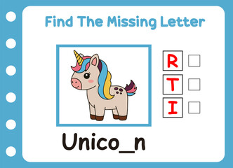 find missing letter of cute little unicorn .