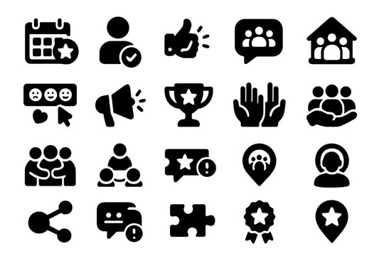 Community Engagement Icons. Solid style icons of community engagement platforms: event planner badge, volunteer tracking icon,