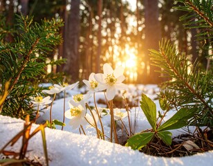 Spring flowers in snowy forest. Sunlight through trees