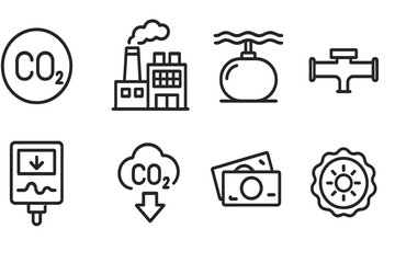Carbon Capture Icons. Line style icons of carbon capture and storage: CO2 molecule, capture plant, storage tank, pipeline,